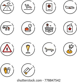 line vector icon set - runway vector, arrival, passport, small plane, helicopter, baggage scales, airport building, star postcard, intersection road sign, pennant, lounger, palm, flip flops