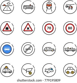 line vector icon set - runway vector, airport bus, train, helicopter, tunnel road sign, railway intersection, speed limit 70, 80, end overtake, limousine, cabrio, car baggage, wheelbarrow, plane toy