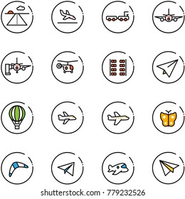 line vector icon set - runway vector, arrival, baggage truck, plane, boarding passengers, helicopter, seats, paper, air balloon, butterfly, boomerang, toy