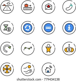 line vector icon set - runway vector, baggage, star letter, eggplant, account history, circle road sign, bus, pedestrian way, redo, chart point arrow, success, dollar growth, parasol, waves