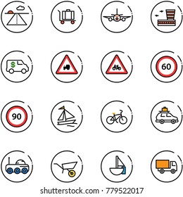 line vector icon set - runway vector, baggage, plane, airport building, encashment car, tractor way road sign, for moto, speed limit 60, 90, sail boat, bike, moon rover, wheelbarrow, sailboat toy