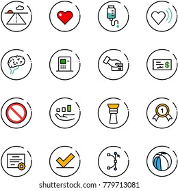 line vector icon set - runway vector, heart, drop counter, beat, brain, atm, card pay, check, prohibition road sign, growth, award, gold medal, certificate, bezier, basketball
