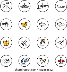 line vector icon set - runway vector, plane, boarding passengers, small, helicopter, paper fly, butterfly, kite, toy