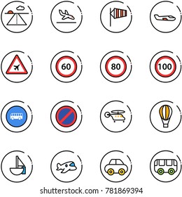 line vector icon set - runway vector, arrival, side wind, small plane, airport road sign, speed limit 60, 80, 100, bus, no parking, helicopter, air balloon, sailboat toy, car
