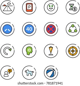 line vector icon set - runway vector, parking sign, dollar smile, account history, detour road, minimal speed limit, no stop, social, redo, brain work, pennant, target, money dialog, toy horse