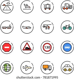 line vector icon set - runway vector, arrival, baggage, fork loader, truck, small plane, helicopter, bike, no way road sign, climb, speed limit 130, bus, globe, toy, car