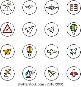 line vector icon set - runway vector, departure, plane, seats, airport road sign, paper, fly, air balloon, kite, helicopter toy