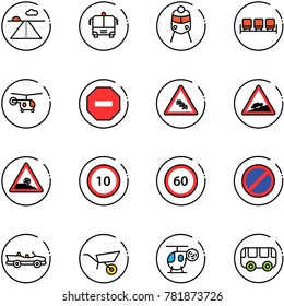 line vector icon set - runway vector, airport bus, train, waiting area, helicopter, no way road sign, multi lane traffic, climb, steep roadside, speed limit 10, 60, parking, cabrio, wheelbarrow, toy