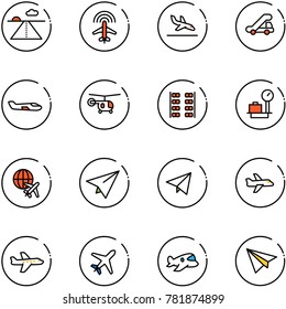 line vector icon set - runway vector, plane radar, arrival, trap truck, small, helicopter, seats, baggage scales, globe, paper, fly, toy