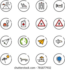 line vector icon set - runway vector, arrival, metal detector gate, hotel, baggage scales, star postcard, airport road sign, intersection, paper plane, globe, fly, beach, lounger, bungalow