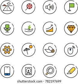 line vector icon set - runway vector, lollipop, volume max, flag, office chair, hand sproute, rise, diamond, money managemet, beach, mat, mouse wireless, mobile phone, hdd, magnifier, work knife