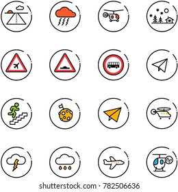 line vector icon set - runway vector, storm, helicopter, christmas landscape, airport road sign, artificial unevenness, no bus, paper fly, career, moon flag, rain cloud, plane, toy
