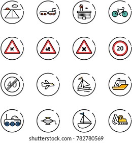 line vector icon set - runway vector, baggage truck, airport building, bike, road sign, railway intersection, speed limit 20, end, plane, sail boat, cruiser, moon rover, jack, sailboat toy