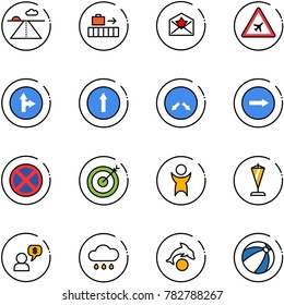 line vector icon set - runway vector, baggage, star letter, airport road sign, only forward right, detour, no stop, target, success, pennant, money dialog, rain cloud, dolphin, beach ball