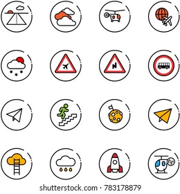 line vector icon set - runway vector, clouds, helicopter, plane globe, snowfall, airport road sign, abrupt turn right, no bus, paper fly, career, moon flag, cloud ladder, rain, rocket, toy