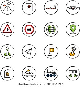 line vector icon set - runway vector, passport, baggage truck, plane, intersection road sign, no car, globe, map pin, rocket, paper fly, flag, palm, moon rover, toy bus