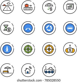 line vector icon set - runway vector, baggage, insurance, statistics report, account history, detour road sign, circle, bus, pedestrian way, target, dollar growth, inflatable pool, wireless home