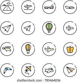 line vector icon set - runway vector, departure, baggage truck, small plane, paper, fly, air balloon, helicopter, butterfly, boomerang, kite, toy