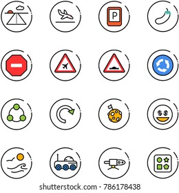 line vector icon set - runway vector, arrival, parking sign, eggplant, no way road, airport, artificial unevenness, circle, social, redo, moon flag, money smile, waves, rover, pipe welding