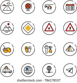 line vector icon set - runway vector, globe, helicopter, schedule, mountains, main road sign, airport, intersection, coconut cocktail, flip flops, ship bell, tent, car baggage, paper plane