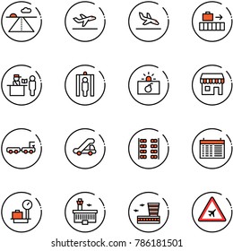 line vector icon set - runway vector, departure, arrival, baggage, passport control, metal detector gate, terrorism, duty free, truck, trap, plane seats, schedule, scales, airport building