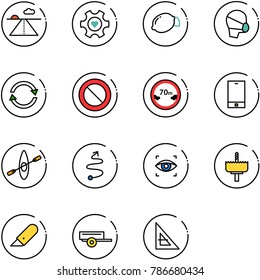 line vector icon set - runway vector, heart gear, lemon, medical mask, exchange, prohibition road sign, limited distance, phone, kayak, trip, eye scanner, crown drill, work knife, trailer