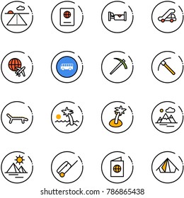 line vector icon set - runway vector, passport, hotel, trap truck, plane globe, bus road sign, job, rock axe, lounger, palm, mountains, pyramid, suitcase, tent