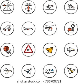 line vector icon set - runway vector, plane radar, departure, arrival, trap truck, small, helicopter, baggage scales, globe, airport road sign, paper fly, toy