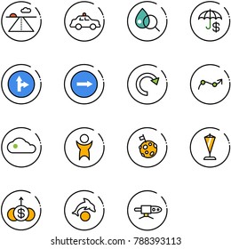 line vector icon set - runway vector, safety car, blood test, insurance, only forward right road sign, redo, chart point arrow, cloud, success, moon flag, pennant, dollar growth, dolphin