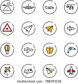 line vector icon set - runway vector, plane, small, helicopter, airport road sign, paper, fly, air balloon, butterfly, boomerang, kite, toy