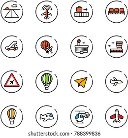 line vector icon set - runway vector, plane radar, baggage, waiting area, trap truck, globe, airport building, road sign, air balloon, paper fly, toy, helicopter