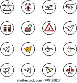 line vector icon set - runway vector, plane radar, departure, helicopter, seats, baggage scales, airport road sign, paper, fly, toy