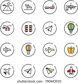 line vector icon set - runway vector, arrival, baggage truck, boarding passengers, helicopter, plane seats, paper fly, air balloon, butterfly, toy