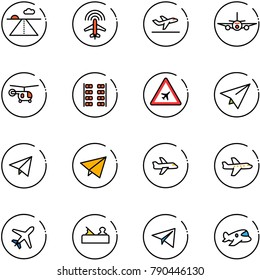 line vector icon set - runway vector, plane radar, departure, helicopter, seats, airport road sign, paper, fly, jointer, toy