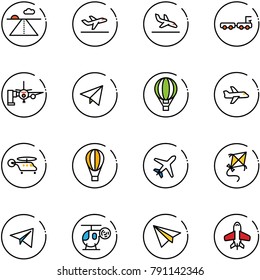 line vector icon set - runway vector, departure, arrival, baggage truck, boarding passengers, paper fly, air balloon, plane, helicopter, kite, toy