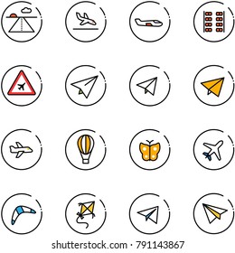 line vector icon set - runway vector, arrival, small plane, seats, airport road sign, paper, fly, air balloon, butterfly, boomerang, kite