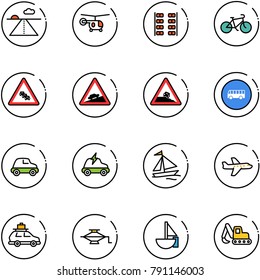 line vector icon set - runway vector, helicopter, plane seats, bike, multi lane traffic road sign, climb, steep roadside, bus, car, electric, sail boat, baggage, jack, sailboat toy, excavator
