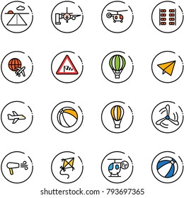 line vector icon set - runway vector, boarding passengers, helicopter, plane seats, globe, side wind road sign, air balloon, paper fly, ball, mill, dryer, kite, toy, beach