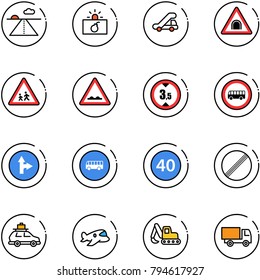 line vector icon set - runway vector, terrorism, trap truck, tunnel road sign, children, rough, limited height, no bus, only forward right, minimal speed limit, car baggage, plane toy, excavator