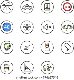 line vector icon set - runway vector, safety car, annual report, no overtake road sign, minimal speed limit, gear, volume off, tag code, globe, key, king, fretsaw, clamp, corner ruler