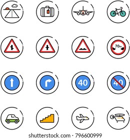 line vector icon set - runway vector, suitcase, plane, bike, intersection road sign, rough, limited distance, only forward, right, minimal speed limit, end, car, stairs, helicopter