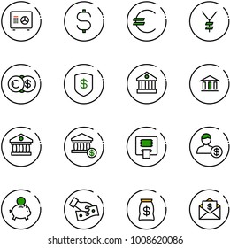 line vector icon set - safe vector, dollar sign, euro, yen, bank, account, atm, piggy, cash pay, money bag, mail