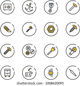line vector icon set - safe vector, anchor, piston, hammer, work knife, screw, nut, rivet, wood drill, Angular grinder, tool cabinet, welding, allen key set, forceps