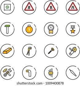 line vector icon set - safe vector, Road narrows sign, work, gold medal, star, plumber, screw, Angular grinder, wrench hammer, allen key, set, forceps