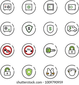 line vector icon set - safe vector, encashment car, no horn road sign, limited distance, key, locked, unlocked, shield cross, life vest, protect glass