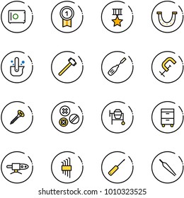 line vector icon set - safe vector, gold medal, star, luck, casting of steel, sledgehammer, chisel, clamp, screw, rivet, cocncrete mixer, tool cabinet, pipe welding, allen key set, awl, forceps