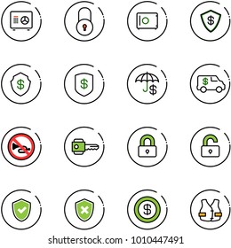 line vector icon set - safe vector, lock, insurance, encashment car, no horn road sign, key, locked, unlocked, shield check, cross, dollar, life vest