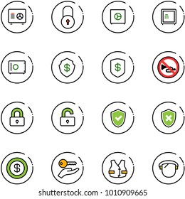line vector icon set - safe vector, lock, no horn road sign, locked, unlocked, shield check, cross, dollar, key hand, life vest, protect glass