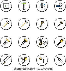 line vector icon set - safe vector, work, casting of steel, rolling, sledgehammer, mason hammer, plumber, screw, bolt, rivet, wood drill, metal hacksaw, Angular grinder, allen key, forceps