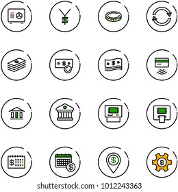 line vector icon set - safe vector, yen, coin, exchange, dollar, cash, tap pay, bank, atm, finance calendar, pin, money managemet